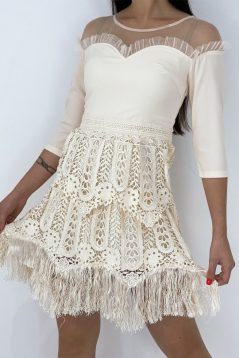 Robe Courte A Franges Manches 3/4 Beige