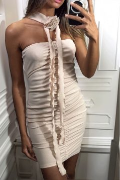 Robe Côtelée Avec Fleur Au Cou Beige